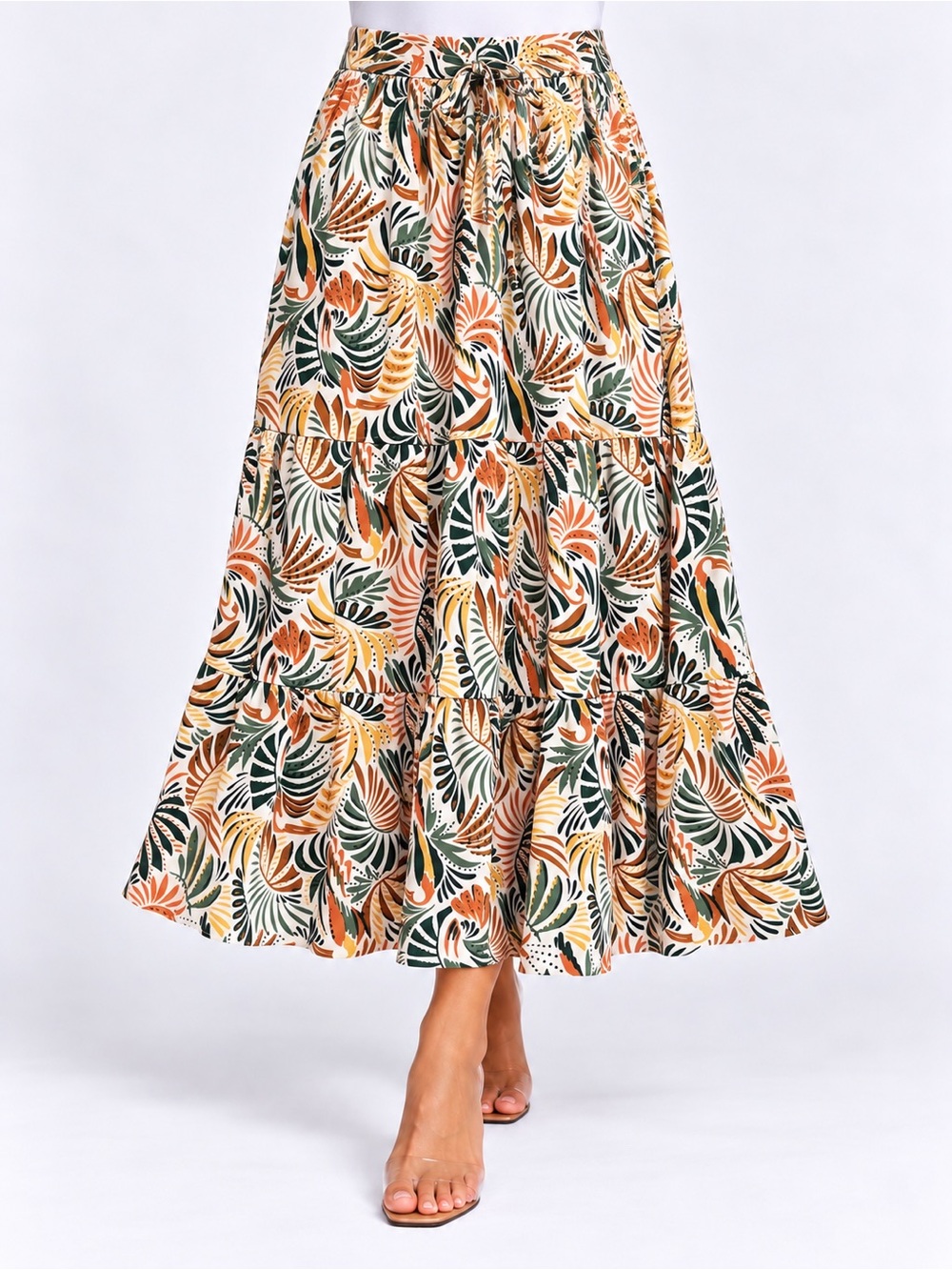 Robert Louis Medium Tropical Leaf Tiered Maxi Skirt Tie Waist